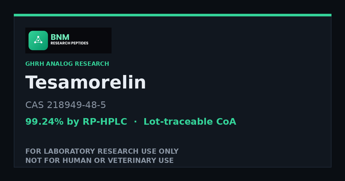 Tesamorelin research peptide reference material, CAS 218949-48-5, laboratory research use only